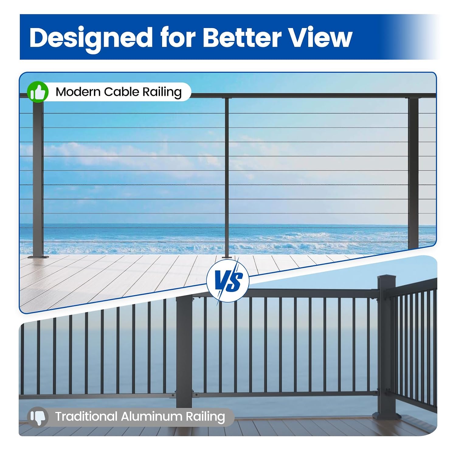  2Pack Black Aluminum Intermediate Cable Railing Post Level drilled 36" x3/4" Surface Mount Cable Railing System Kit