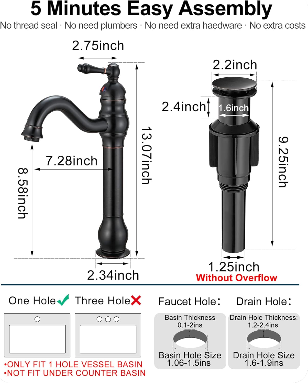 Oil Rubbed Bronze Bathroom Faucet 1 Hole, Brass Tall Bathroom Faucet Single Handle, 360 Degree Swivel Bath Faucet, Vessel Sink Faucet Bathroom Faucets with Pop-up Drain & Aerator for Farmhouse