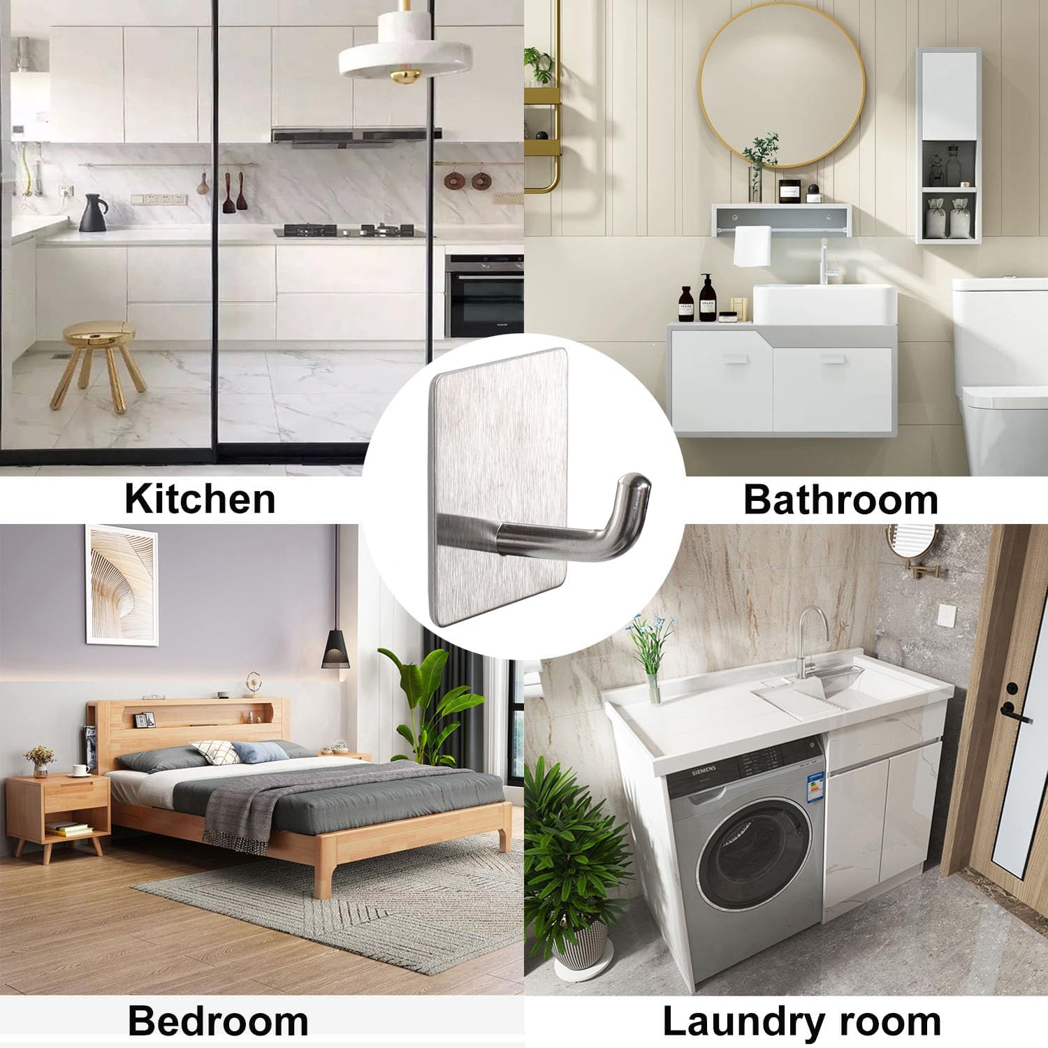 Bath Towel Hooks - 6 Pack Strong Self Adhesive Coat/Clothes Hooks, No Drilling Sticky Hooks, Heavy Duty 304 Stainless Steel Shower Wall Hook for Bathroom Kitchen Bedroom(Brushed Nickel)