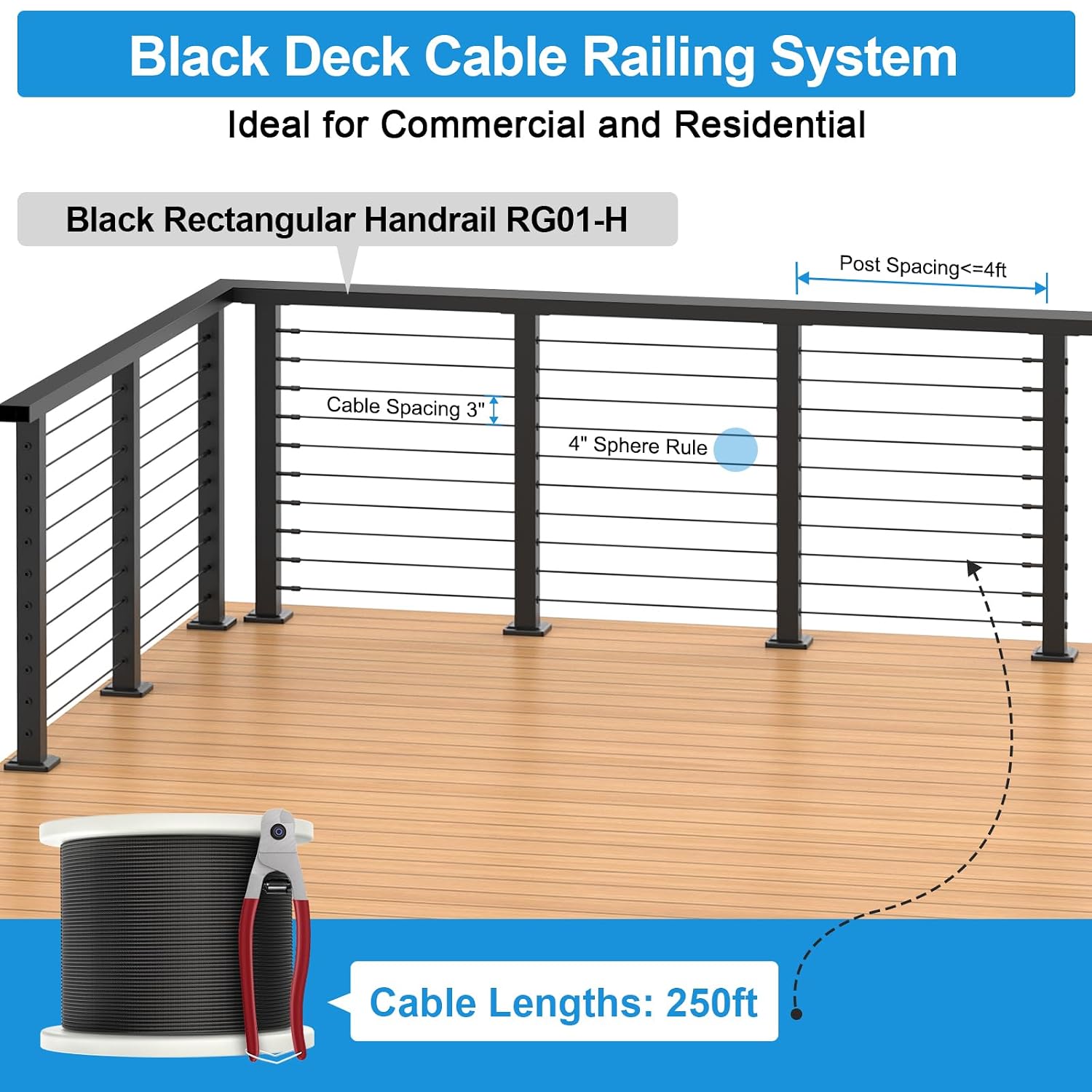 12FT-20FT 36" Cable Railing Post Kits, Flat Top Cable Post System