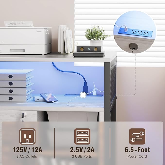 File Cabinet, Rolling Printer Stand with LED Lights, Power Outlets and USB Charging Ports
