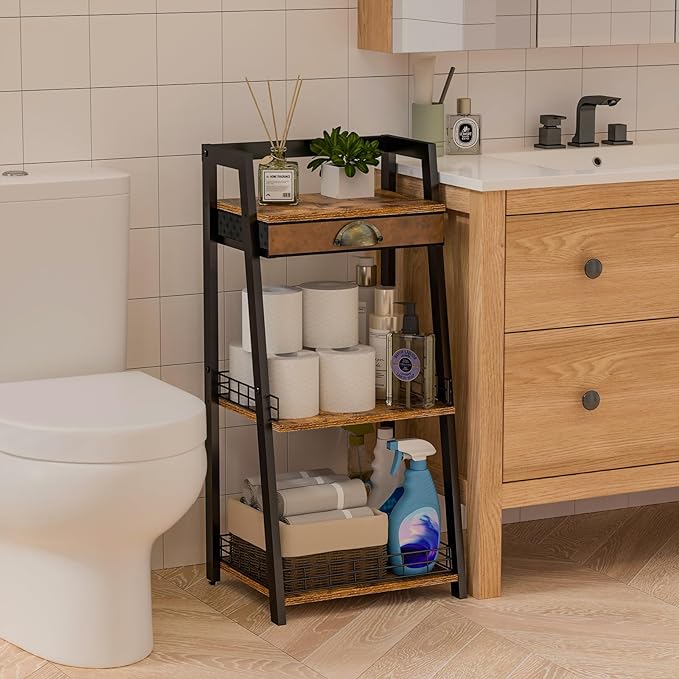 3-Tier Bathroom Ladder Shelf, Bathroom Floor Storage Shelf with Drawer, Freestanding Tower Shelf