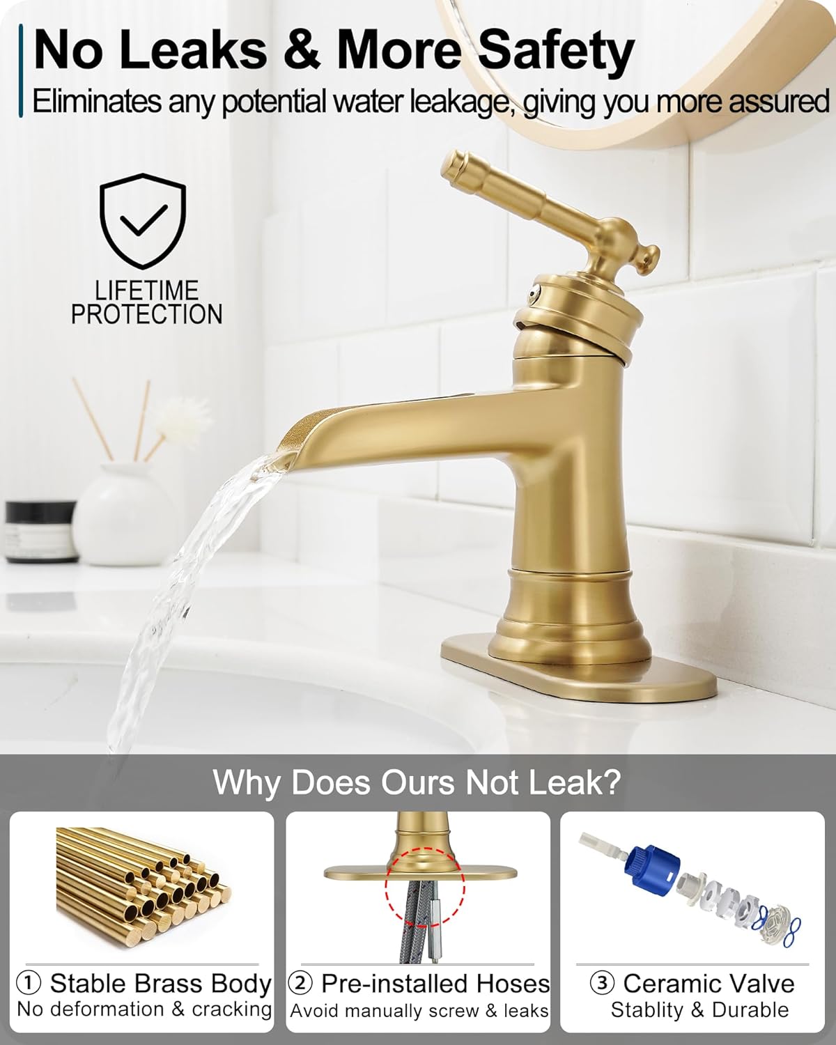 Waterfall Bathroom Sink Faucet, Brass Gold Bathroom Faucet 1 Hole, Single Handle Bathroom Faucets for Sinks, 4 Inch 3 Holes Faucet Bathroom Sink with Drain Deck Plate Supply Hoses for Lavatory