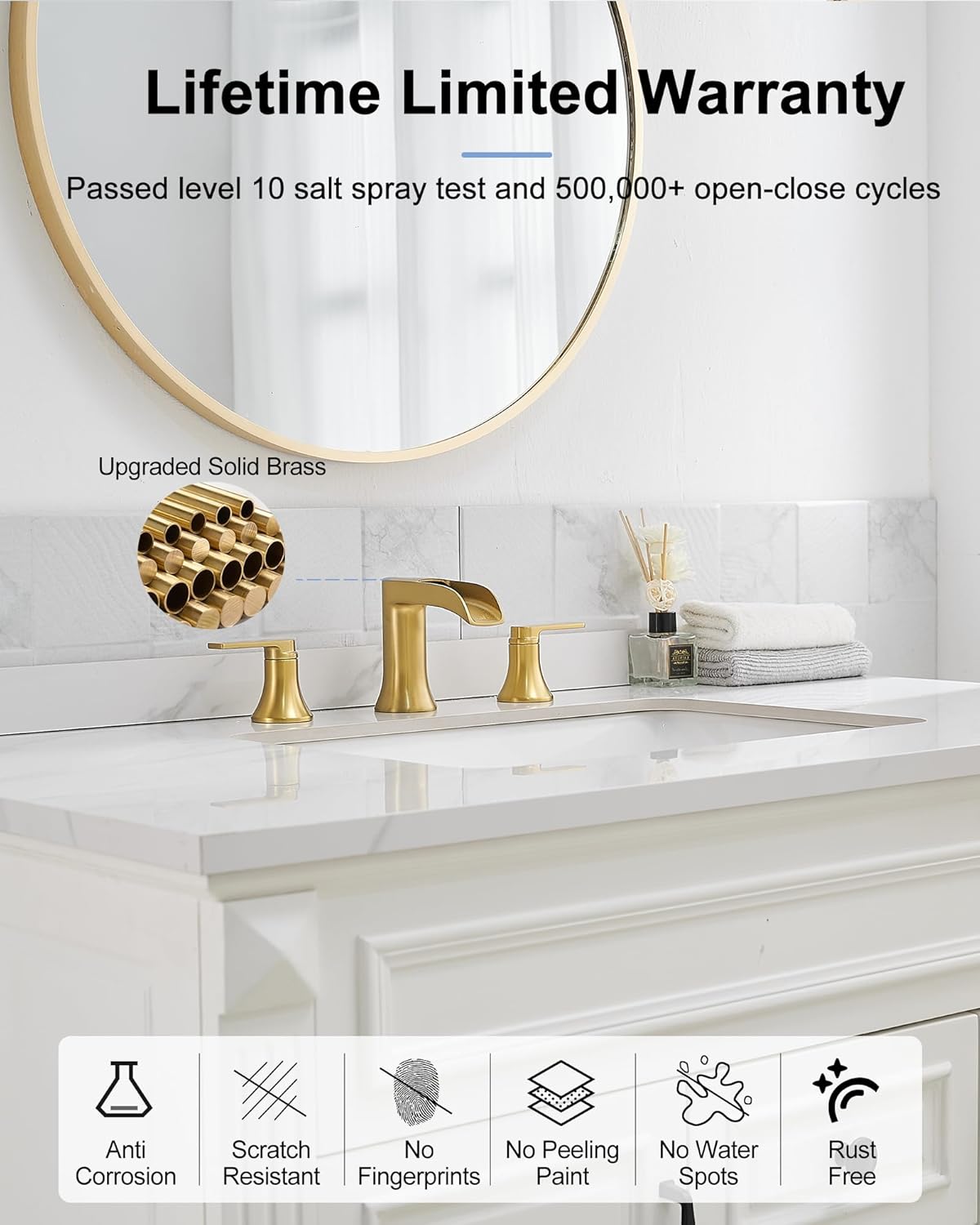 Brushed Gold Bathroom Faucet Waterfall, 4-16 Inch Brass Widespread Faucet for Bathroom Sink 3 Hole, 2 Handle Bathroom Sink Faucets for Modern Farmhouse Hotel with Pop-Up Drain & Supply Hose