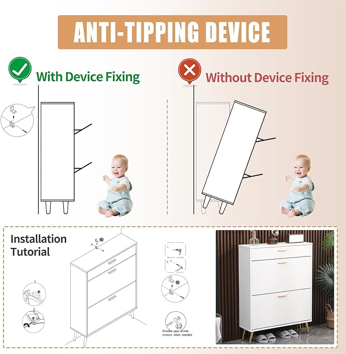 Shoe Cabinet with Metal Legs for Entryway, White Freestanding Storage Rack