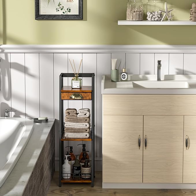 3-Tier Slim Bathroom Ladder Shelf, Bathroom Organizers and Storage with Drawer, Open Floor Standing Shelves