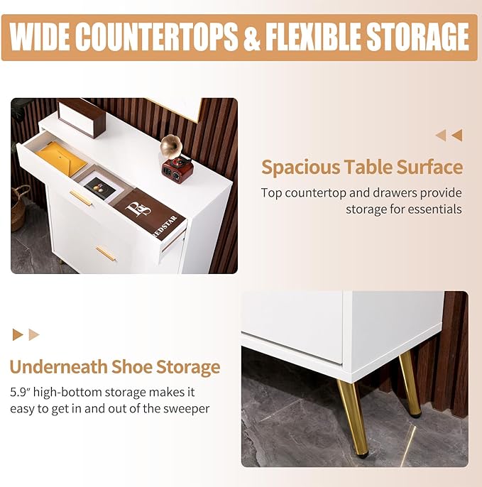 Shoe Cabinet with Metal Legs for Entryway, White Freestanding Storage Rack