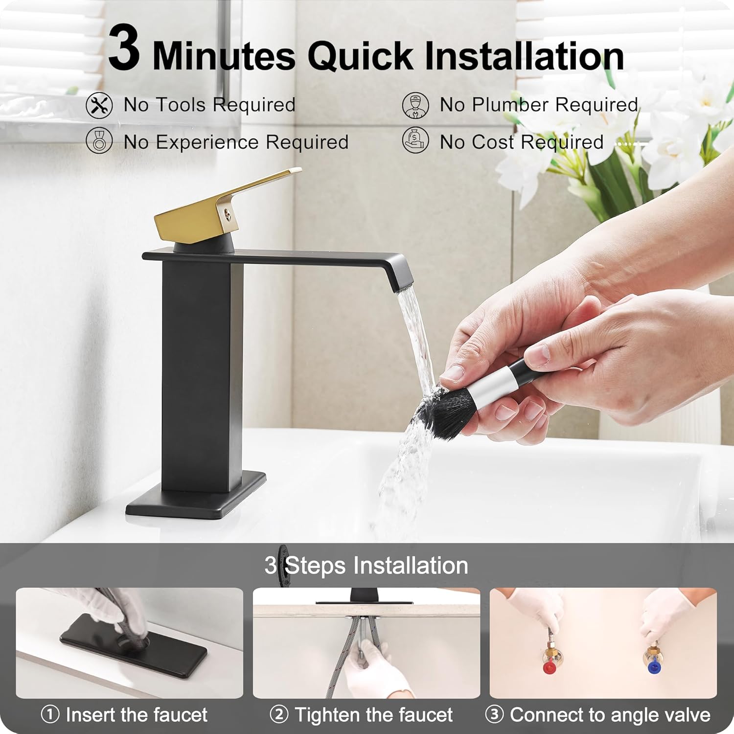 Black and Gold Bathroom Faucet Waterfall, Brass Bathroom Sink Faucet Single Handle, Bathroom Faucets One Hole or 3 Hole Bathroom Sink Faucets with Deck Plate & Pop-up Drain for Shopping Malls