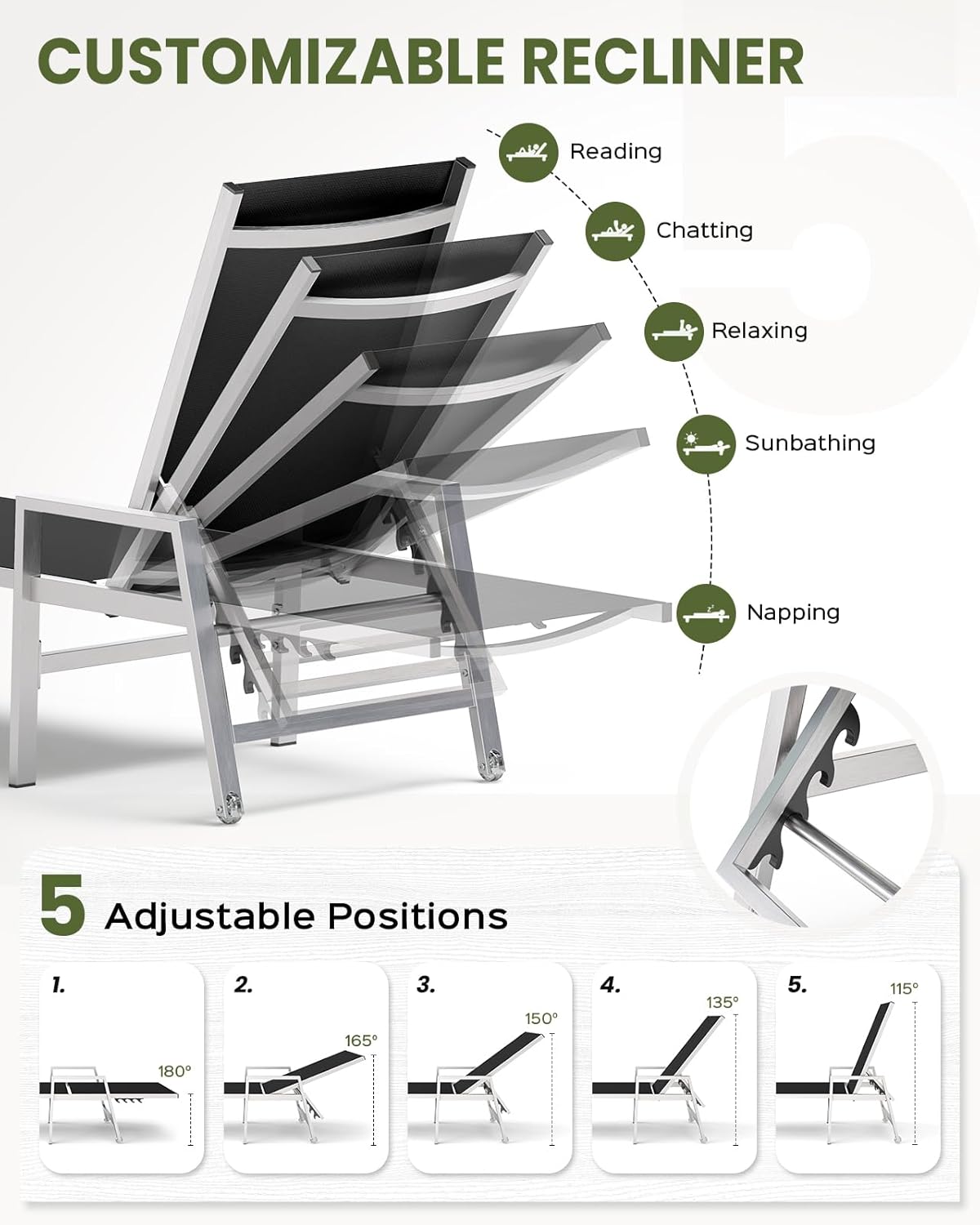 Patio Chaise Lounge Chair Outdoor with Wheels&Armrests