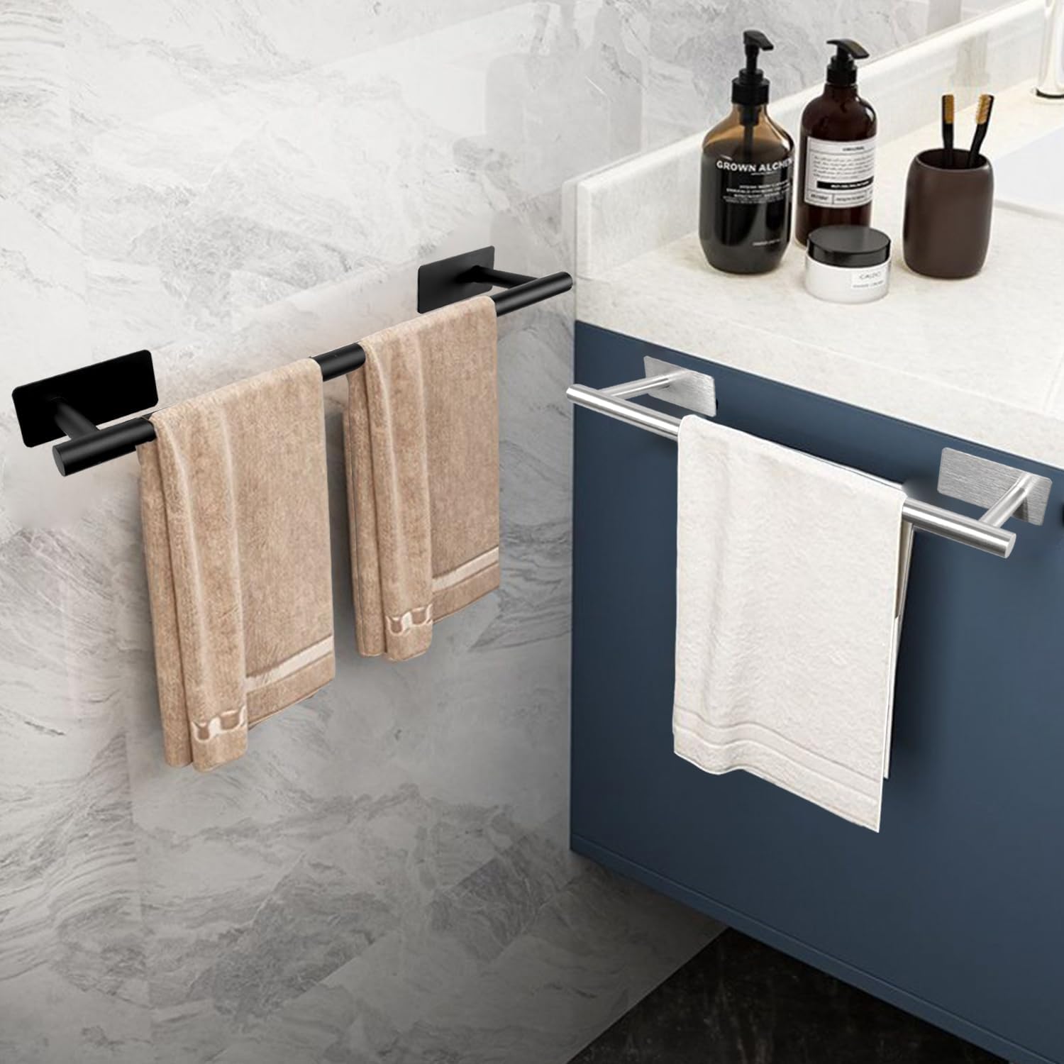 Self Adhesive Bath Towel Bar, Stainless Steel Towel Racks for Bathroom No Drilling Heavy Duty Towel Holder Stick on Wall Sturdy and Rustproof Towel Hanger for Bathroom(Matte Black,16In)