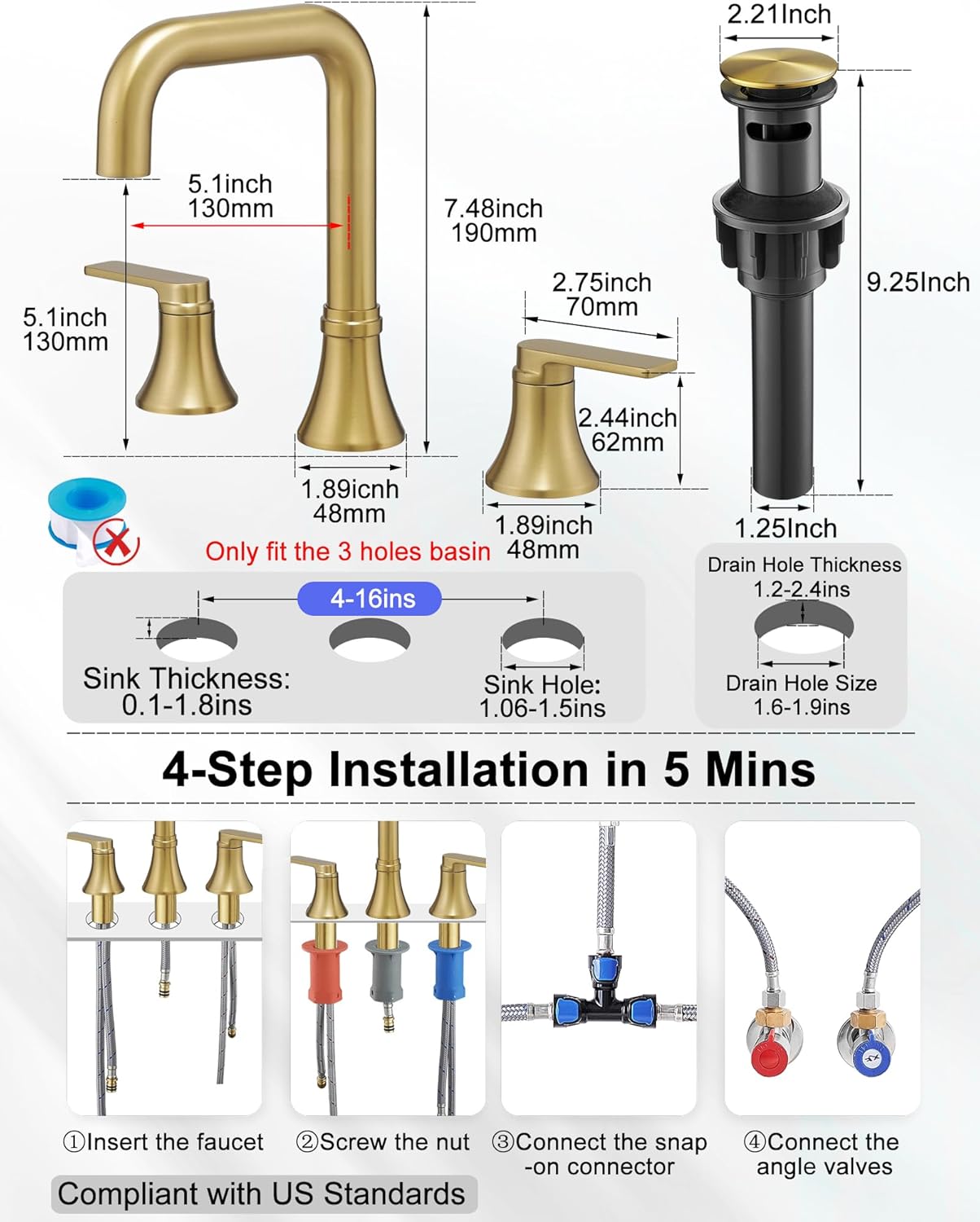 Brushed Gold Bathroom Faucet Widespread 4-16 Inch Sink Faucet Bathroom 3 Hole, 360 Degree Swivel Bathroom Faucets for Sink, Faucet for Bathroom Sink with 2 Handles & Pop-Up Drain Saving Water