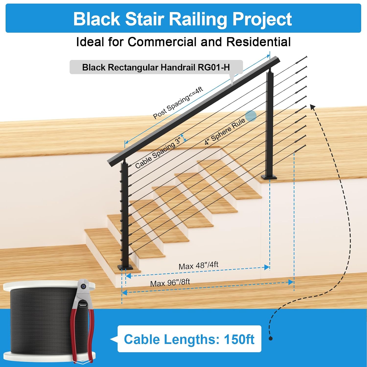 4FT-8FT Swageless Cable Railing Post Kit with Handrail for Stairs