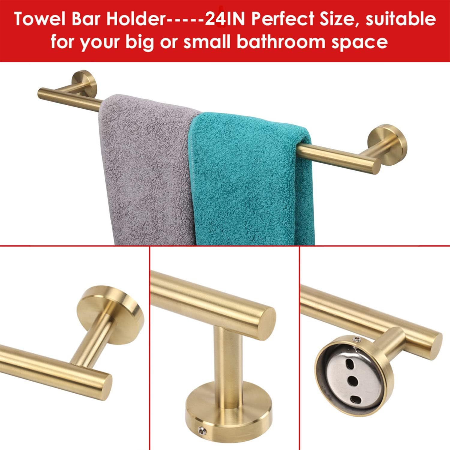 6 Pieces Bathroom Hardware Set 304 Stainless Steel-Towel Rack Set Include Hand Towel Bar+Toilet Paper Holder+4 Robe Towel Hooks Bathroom Accessory Towel Bar Set (Gold, 24IN)