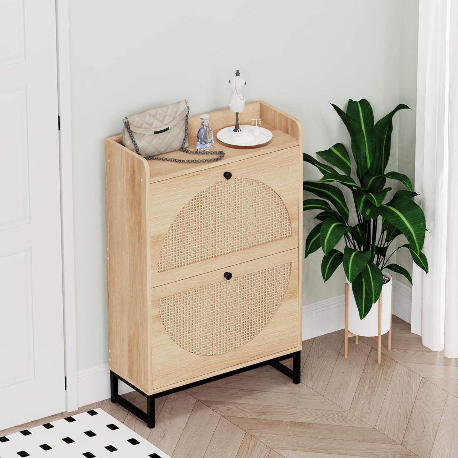 Shoe Cabinet with 2 Handmade Natural Rattan Flip Drawers