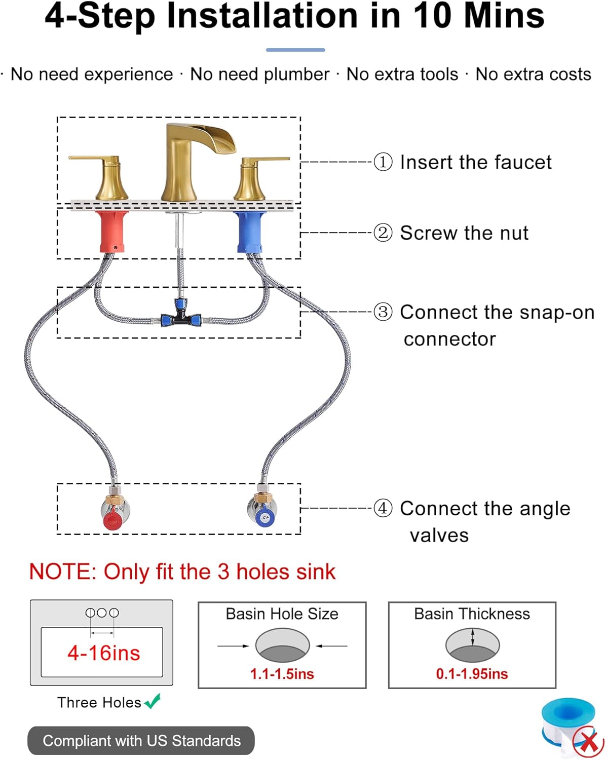 Brushed Gold Bathroom Faucet Waterfall, 4-16 Inch Brass Widespread Faucet for Bathroom Sink 3 Hole, 2 Handle Bathroom Sink Faucets for Modern Farmhouse Hotel with Pop-Up Drain & Supply Hose