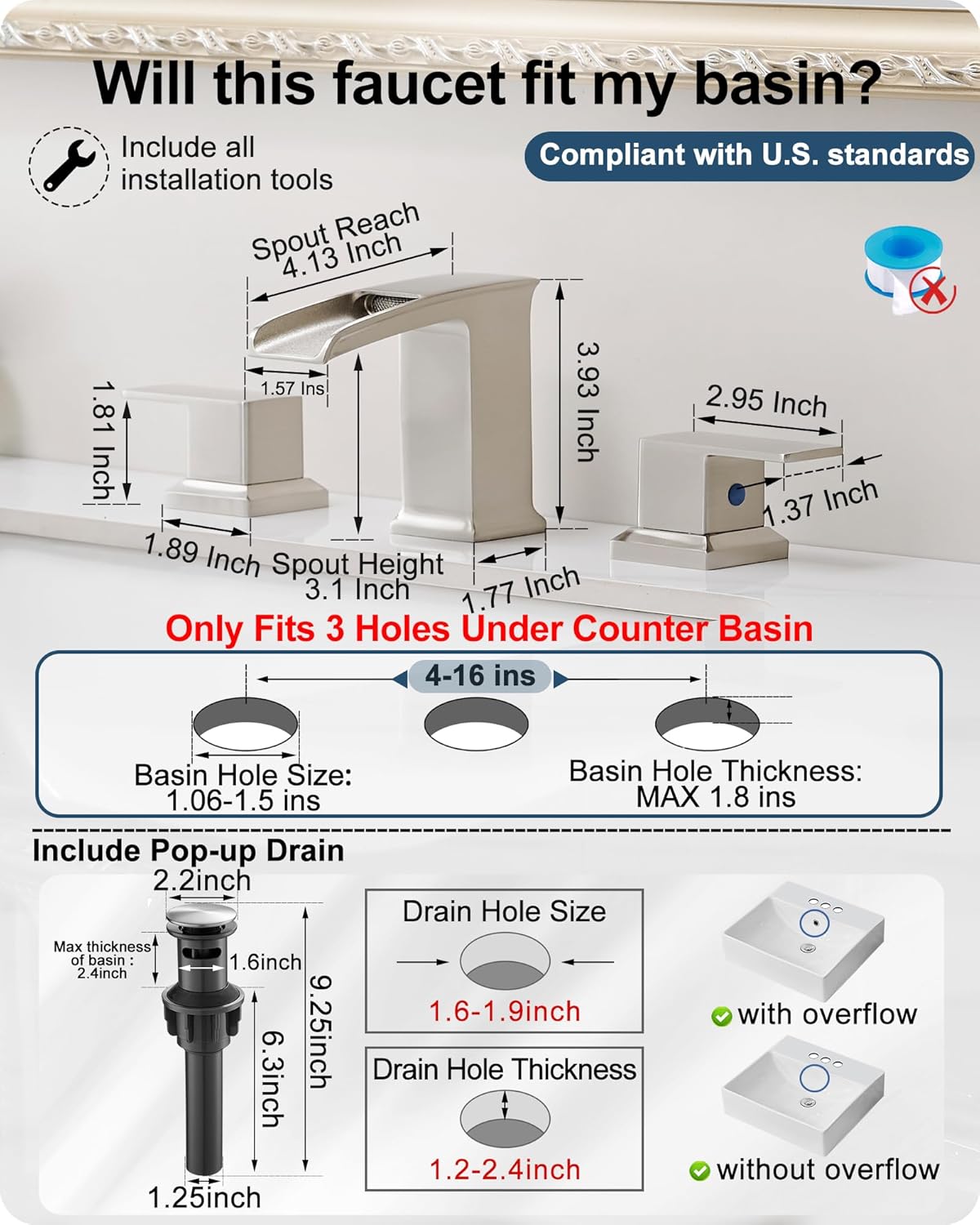 Bathroom Waterfall Faucet, Brass 4-16 Inch Brushed Nickel Faucet Bathroom Widespread 2 Handles Bathroom Sink Faucets 3 Hole with Hoses & Drain