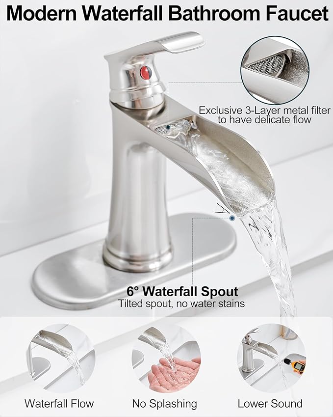 Waterfall Bathroom Faucet, Brass Brushed Nickel Bathroom Faucets, Single Handle Bathroom Sink Faucet, 4 Inch Vanity Faucet 1 Hole or 3 Holes with Drain Deck Plate & Supply Hoses for RV Lavatory