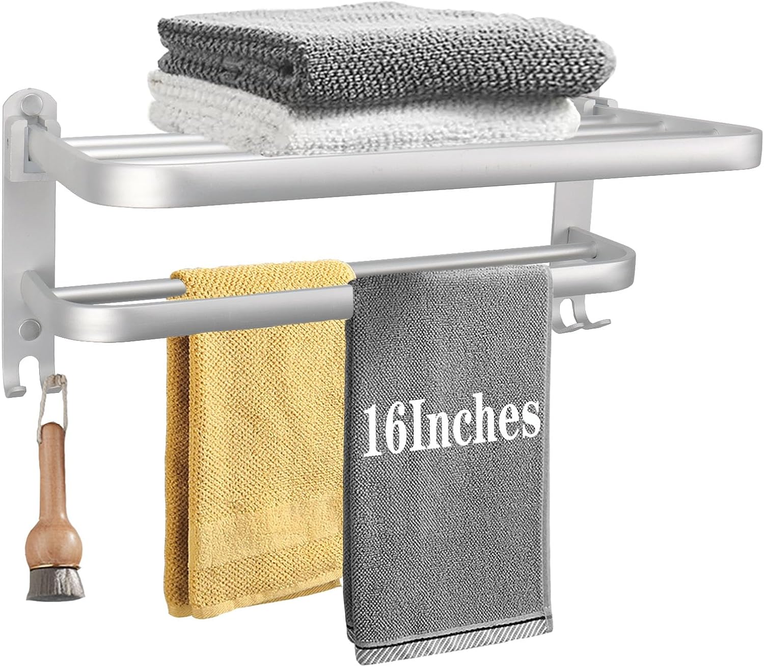 Bath Towel Holder with Double Towel Bar and Fold-able Towel Shelf, Rustproof Towel Organizer Wall Mounted Towel Storage Hanger (16In Sliver)