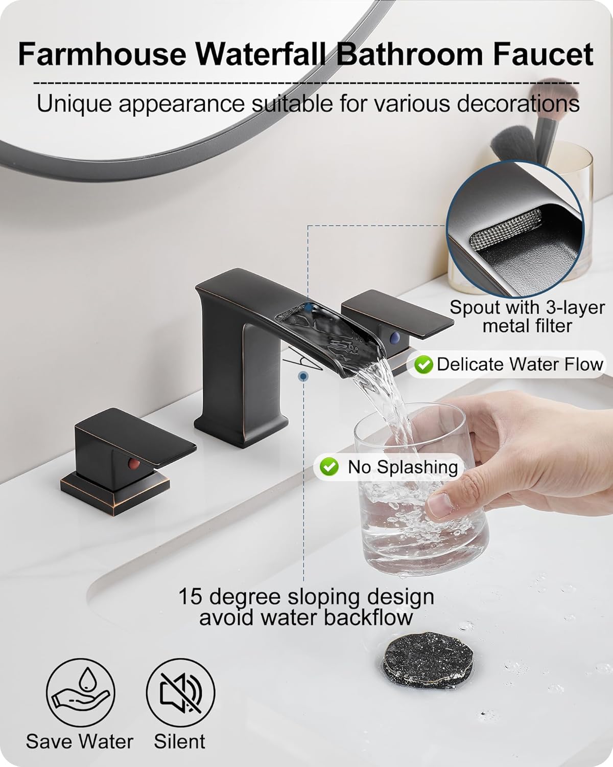 Brass Waterfall Faucet, 4-16 Inch Oil Rubbed Bronze Bathroom Faucet 2 Handles Widespread Bathroom Faucets 3 Hole, Bathroom Sink Faucet with Water Hoses & Pop-Up Drain for Lavatory Farmhouse