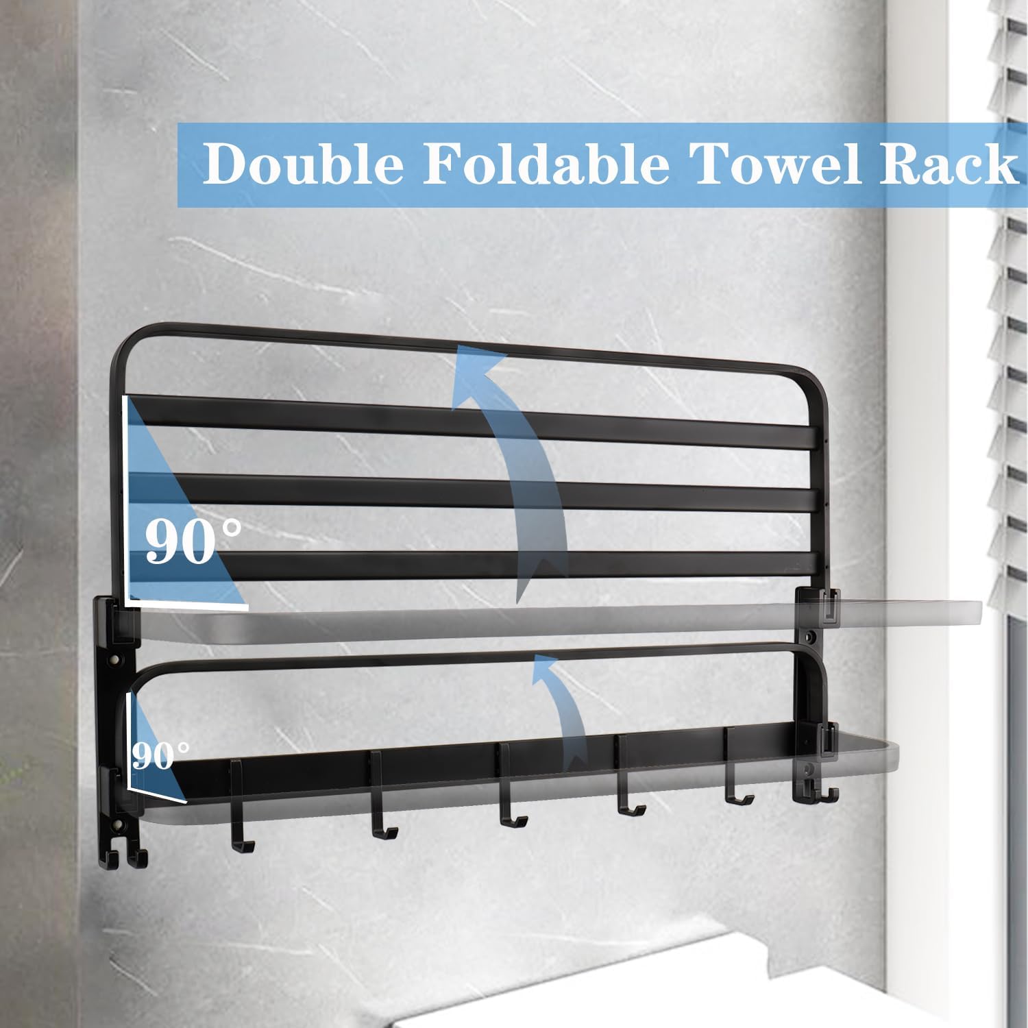 Towel Racks for Bathroom, Foldable Towel Shelf with Towel Bar & 7 Towel Hooks, Rustproof Double Bath Towel Holder Wall Mounted Towel Storage Hanger