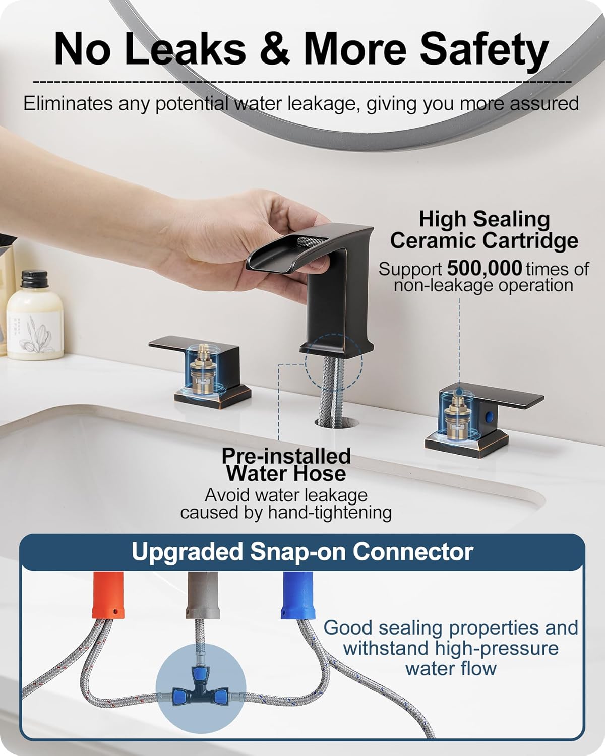 Brass Waterfall Faucet, 4-16 Inch Oil Rubbed Bronze Bathroom Faucet 2 Handles Widespread Bathroom Faucets 3 Hole, Bathroom Sink Faucet with Water Hoses & Pop-Up Drain for Lavatory Farmhouse