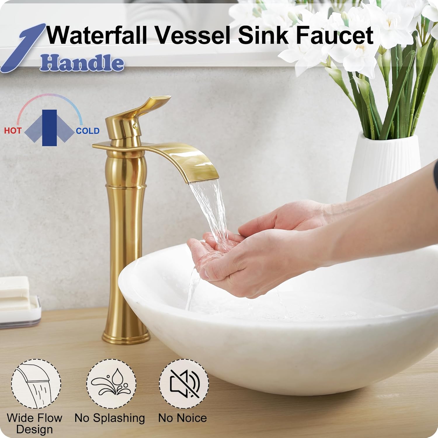 Gold Vessel Sink Faucet, Brass Tall Bathroom Faucets, Single Handle Bathroom Faucet 1 Hole, Waterfall Faucet for Bathroom Sink Mixer Bowl Tap for Hotel Classic with Pop Up Drain Deck Mounted