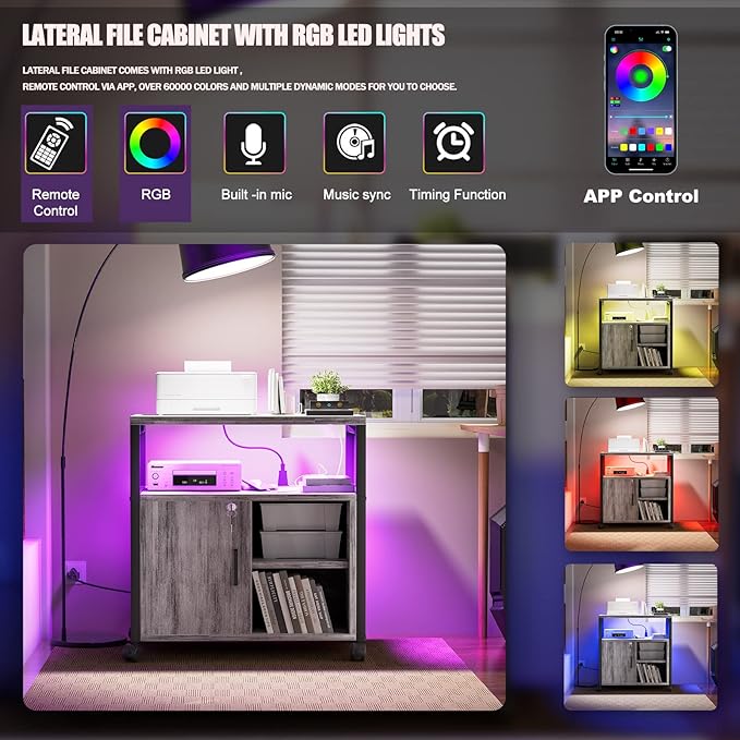 File Cabinet with LED Lights, Lateral Filing Cabinet with Power Outlets and USB Charging Ports