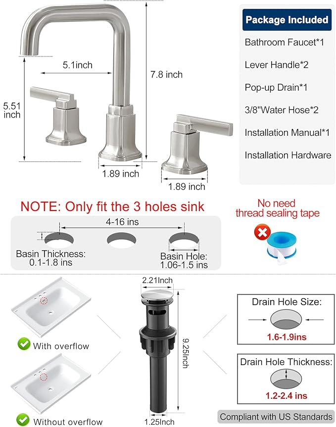 8 Inch Widespread Bathroom Faucet Brushed Nickel Bathroom Sink Faucet 3 Hole, 360 Degree Swivel Bathroom Faucets for Sink, 2 Handles Bath Faucet with Pop-Up Drain, 5 Mins Easy Installation