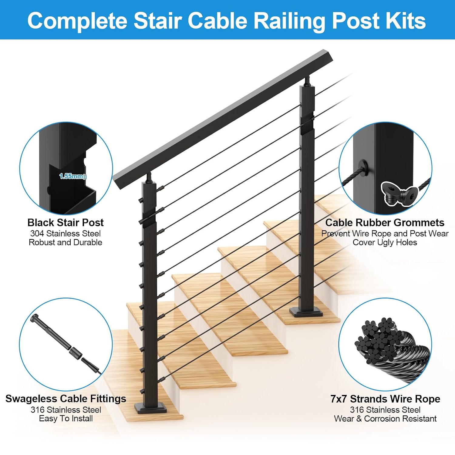 12FT-16FT 36" Stair Railing Post Kits(Post 35"x2"x2"), Adjustable Top Stair Railing System