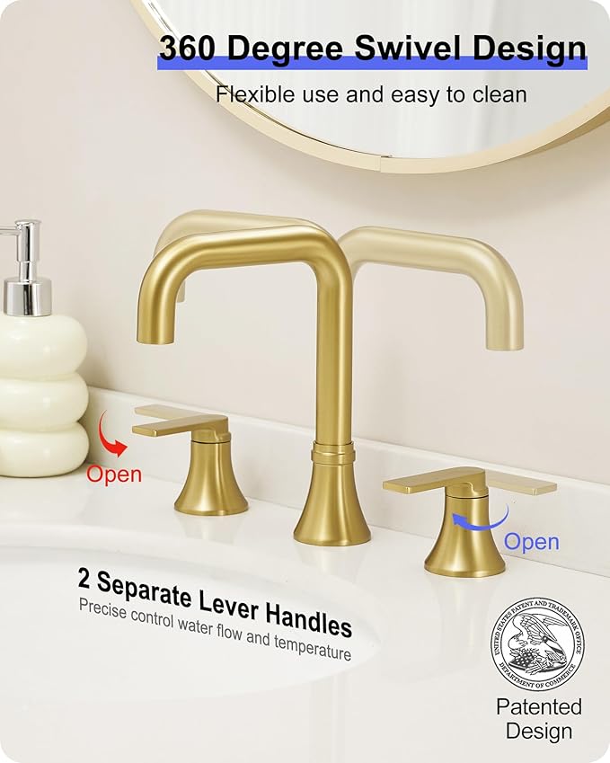 Brushed Gold Bathroom Faucet Widespread 4-16 Inch Sink Faucet Bathroom 3 Hole, 360 Degree Swivel Bathroom Faucets for Sink, Faucet for Bathroom Sink with 2 Handles & Pop-Up Drain Saving Water