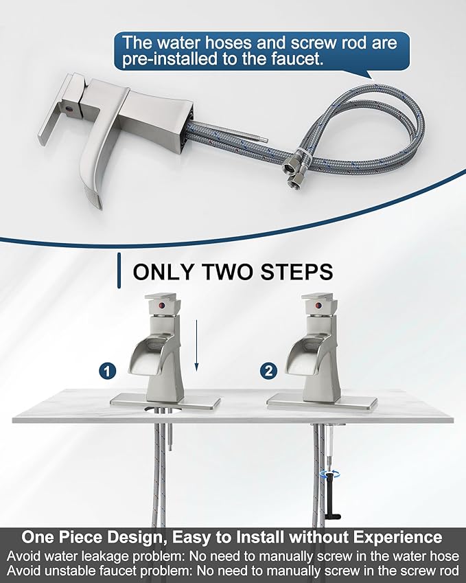 Waterfall Bathroom Sink Faucet, Brass Brushed Nickel Bathroom Faucet One Handle, 4 Inch Bathroom Faucets Single Hole with Pop-Up Drain Hoses & Deck Plate for Vanity Lavatory RV