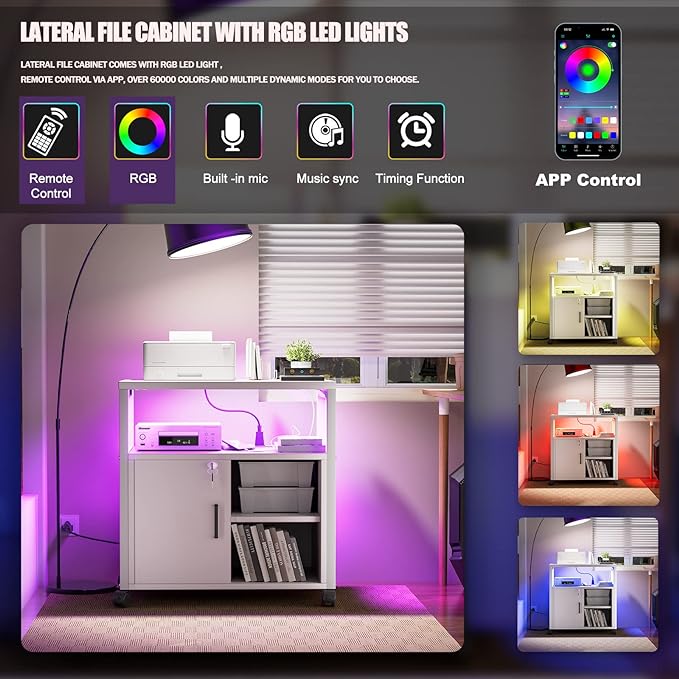 File Cabinet, Rolling Printer Stand with LED Lights, Power Outlets and USB Charging Ports