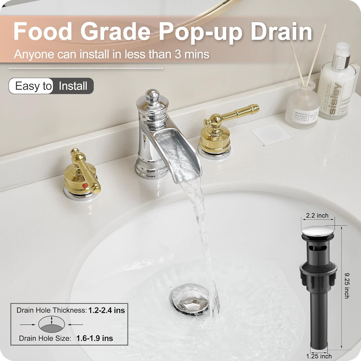 3 Hole Bathroom Faucet, Brass Waterfall Bathroom Sink Faucet, Chrome Gold 4-16 Inch Bathroom Faucets, 2 Handle Bathroom Widespread Faucet with Pop-up Drain & Supply Hoses, Unique, Lifetime Use