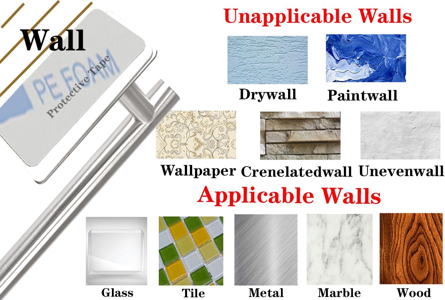 6 PCS Self Adhesive Bathroom Hardware Set, Stainless Steel Towel Rack Set - 16In Bath Towel Bar+Toilet Paper Holder+3 Towel Hooks+Towel Ring No Drill Bathroom Accessory Kit(Brushed Nickel)