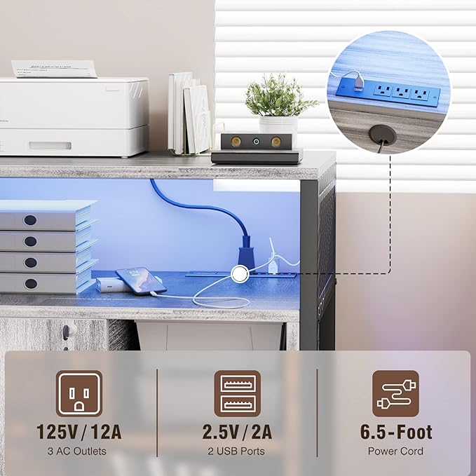 File Cabinet with LED Lights, Lateral Filing Cabinet with Power Outlets and USB Charging Ports