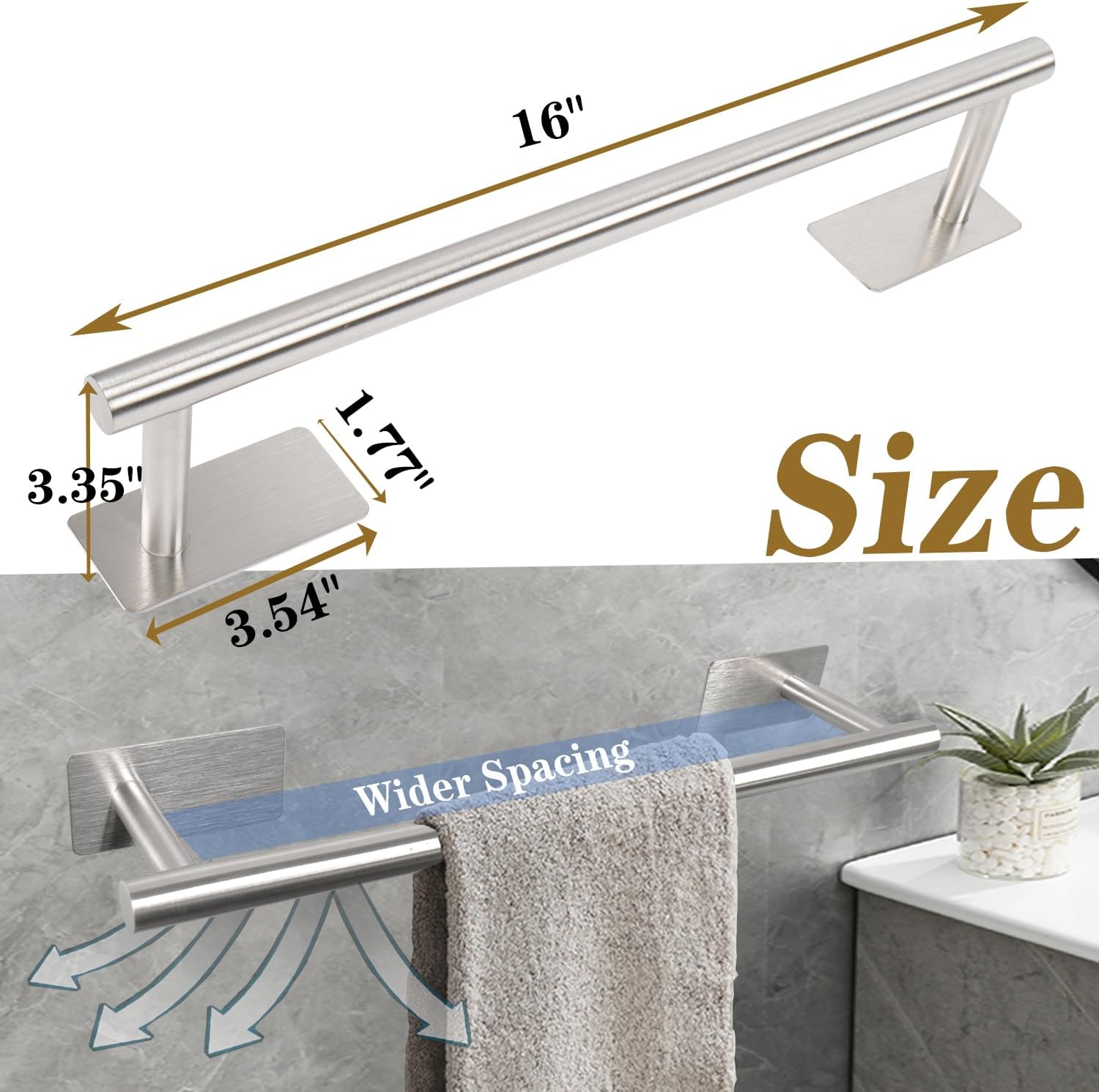 Self Adhesive Bath Towel Bar, Stainless Steel Towel Racks for Bathroom No Drilling Heavy Duty Towel Holder Stick on Wall Sturdy and Rustproof Towel Hanger for Bathroom(Brushed Nickel,16In)