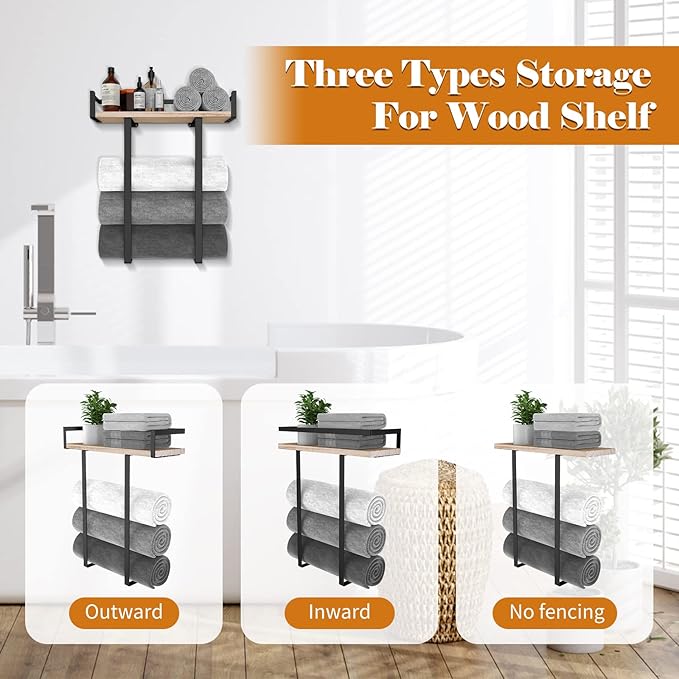 Metal Towel Holder with Wooden Shelf for Folding Large Towels, Towel Storage for Small Bathroom Organizer