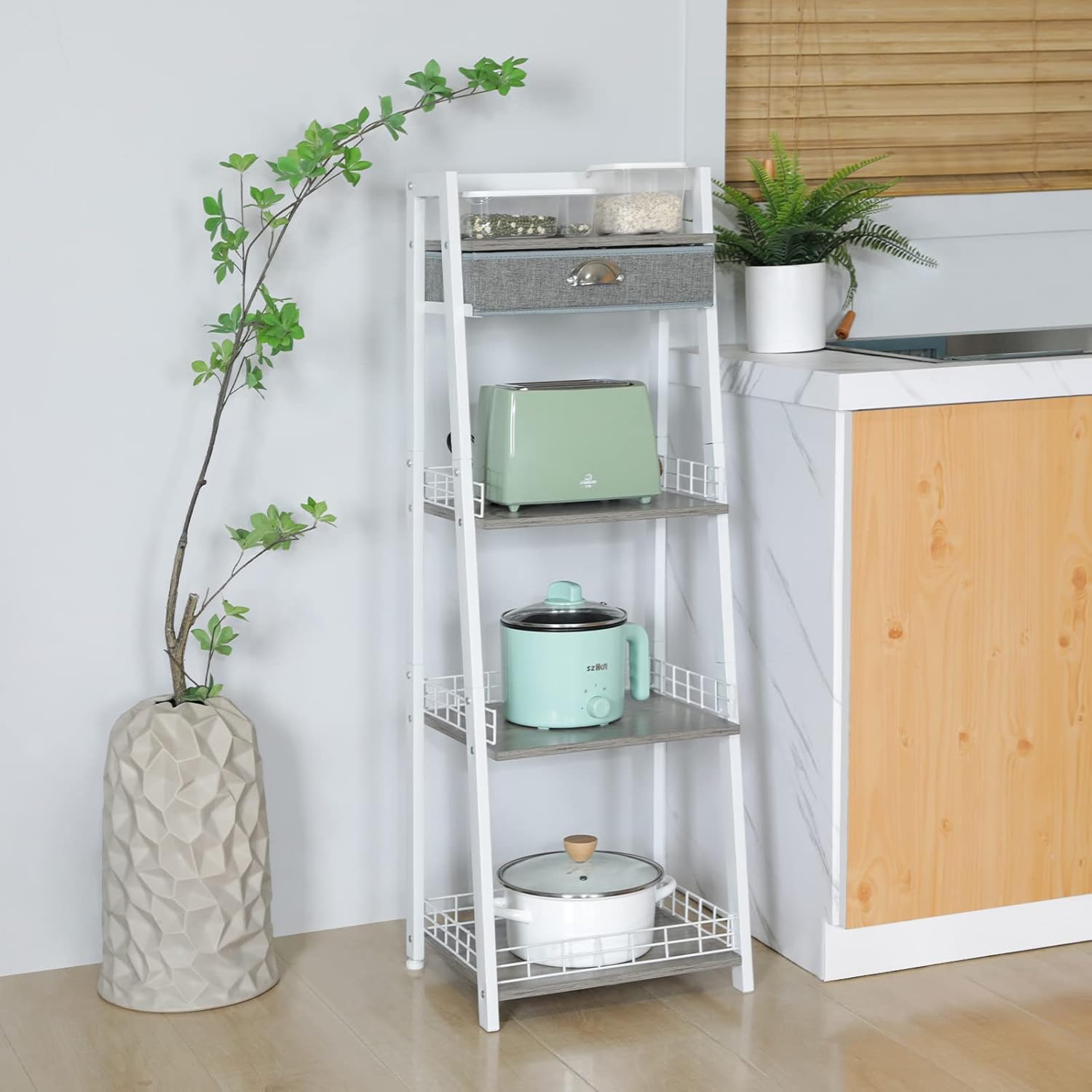 4-Tier Elegant Ladder Shelf, Bathroom Storage Shelf, Ladder Bookshelf with Drawer