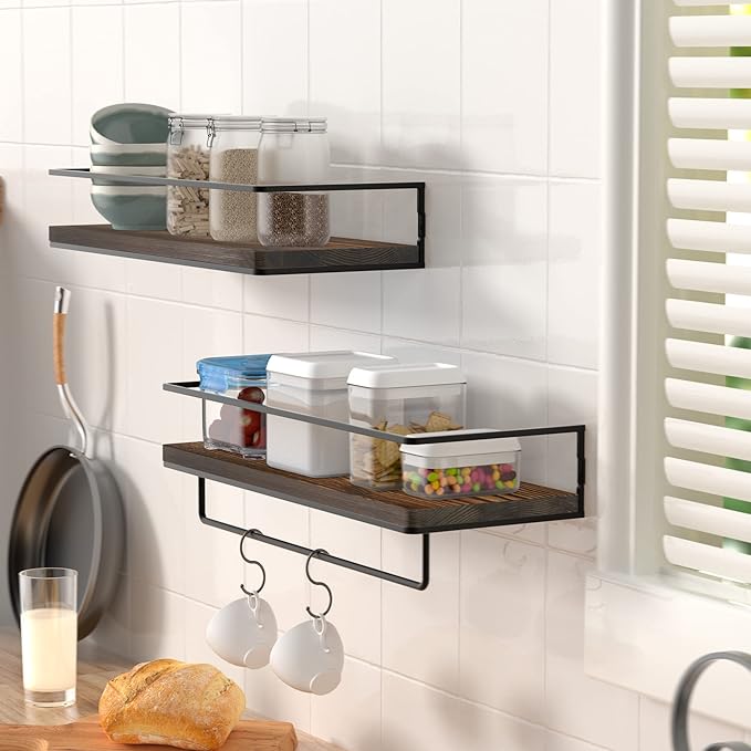 Floating Shelves for Wall Set of 2, Wall Mounted Storage Shelves with Metal Frame and Towel Rack for Bathroom