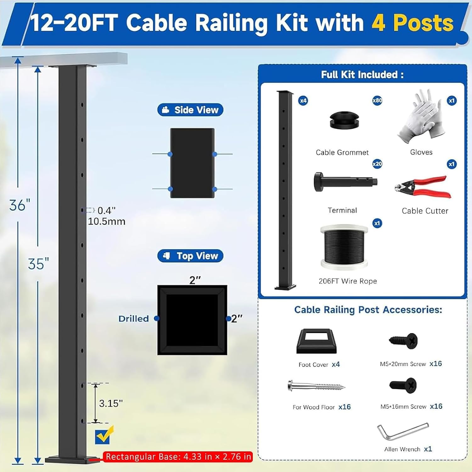 12-20FT Modular 36" Swageless Level Cable Railing System Post Kit