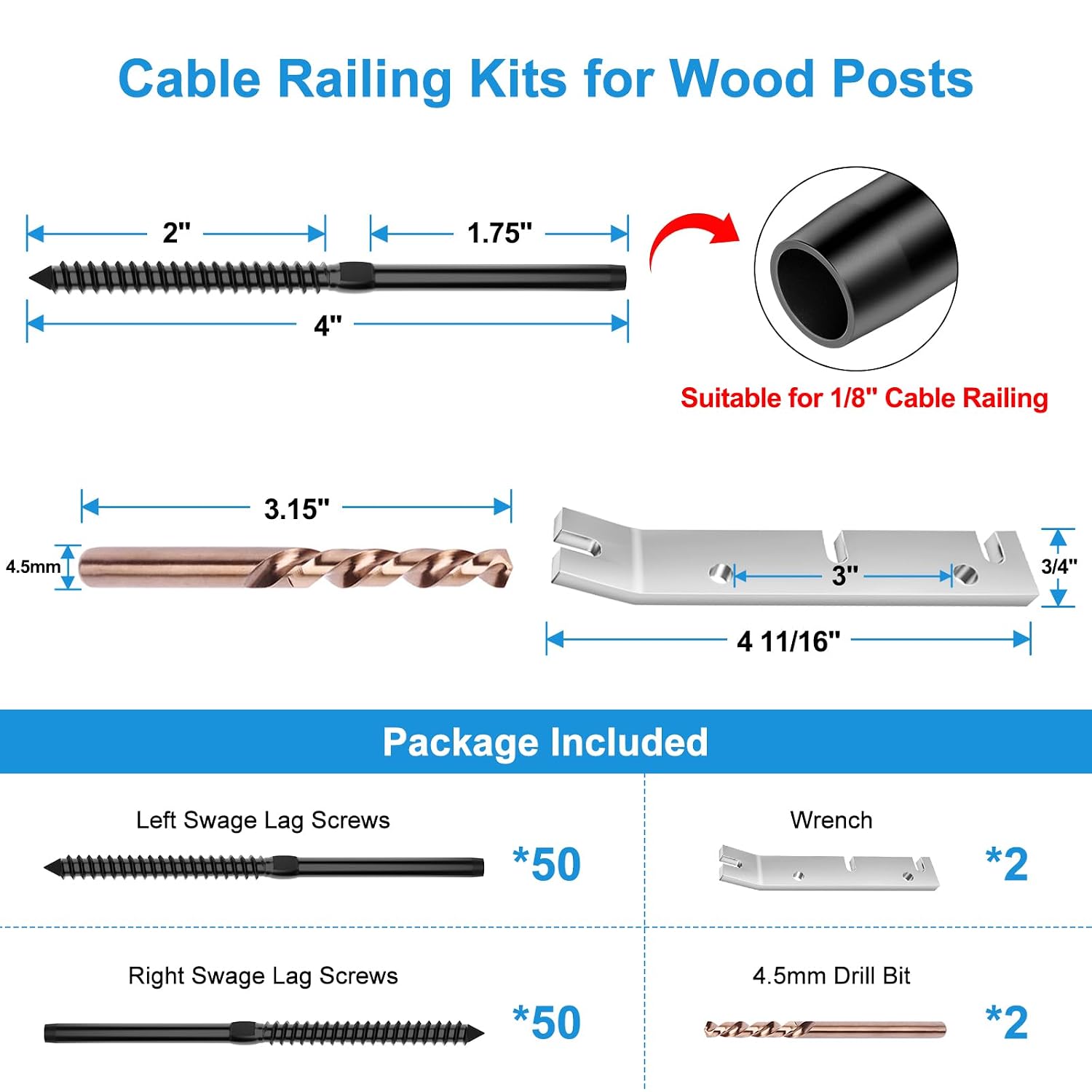 100Pack Black Cable Railing Kits Swage Lag Screws for Wood Posts
