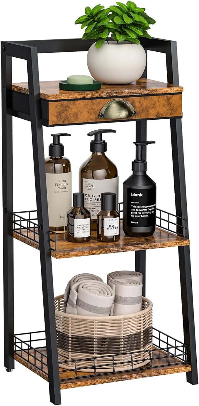3-Tier Bathroom Ladder Shelf, Bathroom Floor Storage Shelf with Drawer, Freestanding Tower Shelf