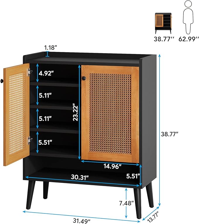 Shoe Cabinet with Door, Natural Handmade Rattan Shoe Storage Cabinet