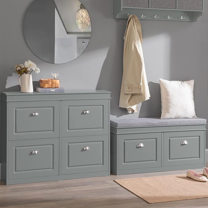 Grey Shoe Cabinet and Shoe Bench