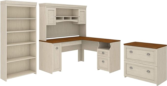 L Shaped Desk with Hutch, Lateral File Cabinet and 5 Shelf Bookcase