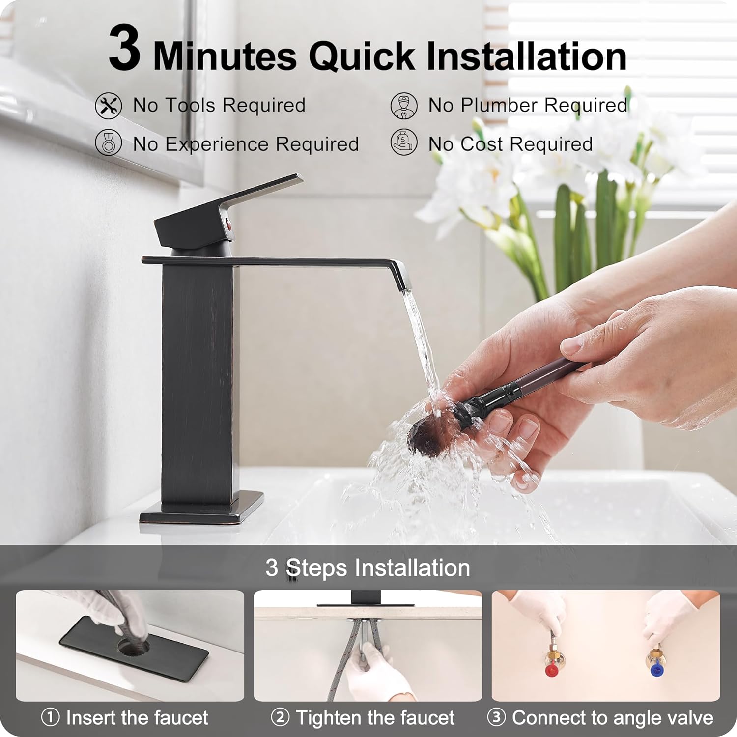 Oil Rubbed Bronze Bathroom Faucet Waterfall Faucet, Brass Single Handle Bathroom Sink Faucet 1 Hole or 3 Holes, 4 Inch Bathroom Faucets with Deck Plate & Pop-Up Drain for Farmhouse Quick Install