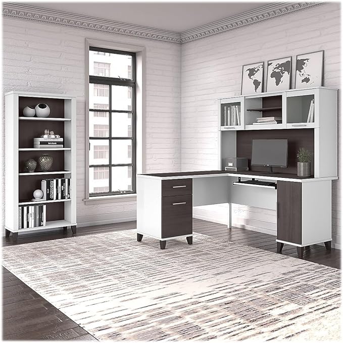 60W L Shaped Desk with Hutch and 5 Shelf Bookcase