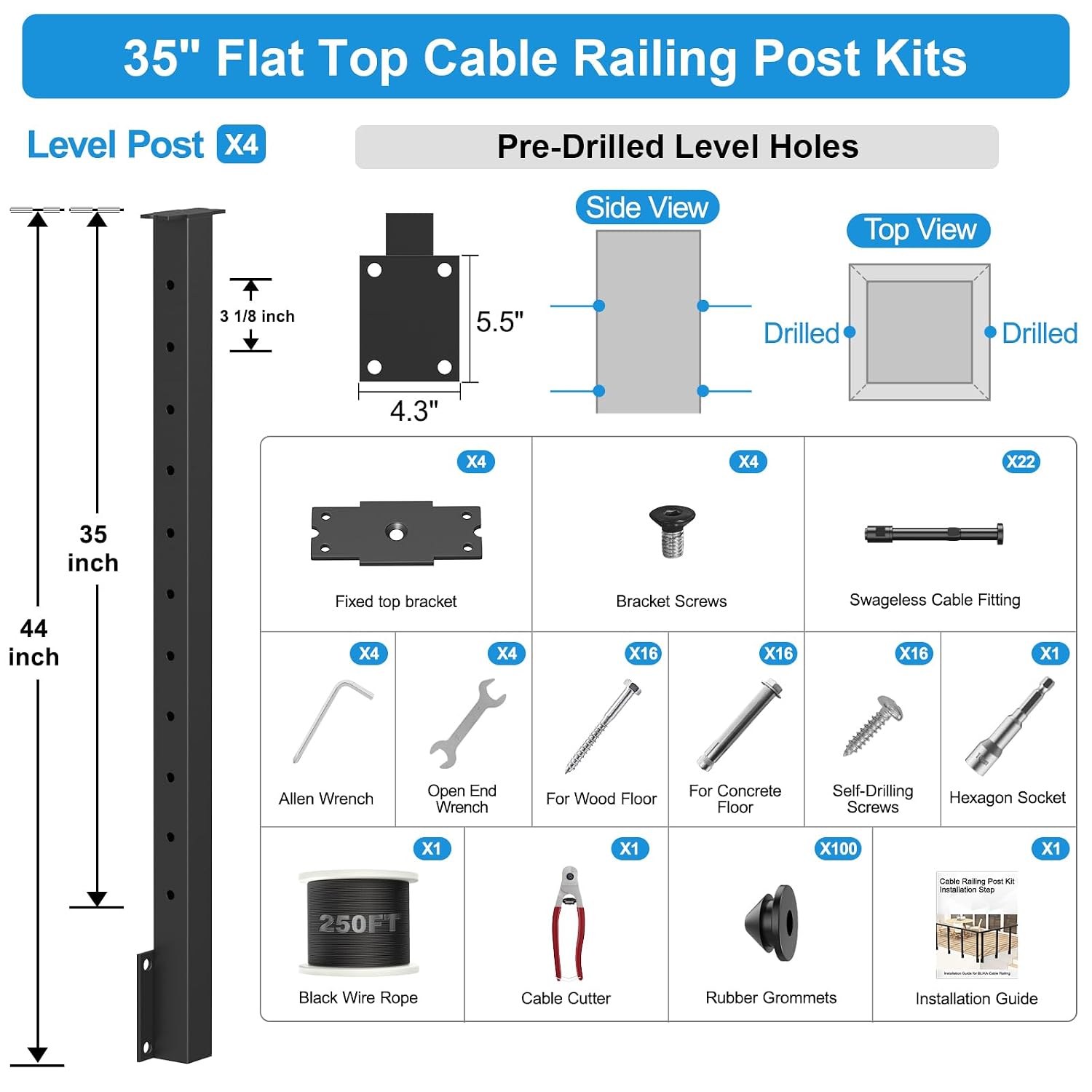 12FT-20FT 36" Black Side Mount Cable Railing Kits, Swageless