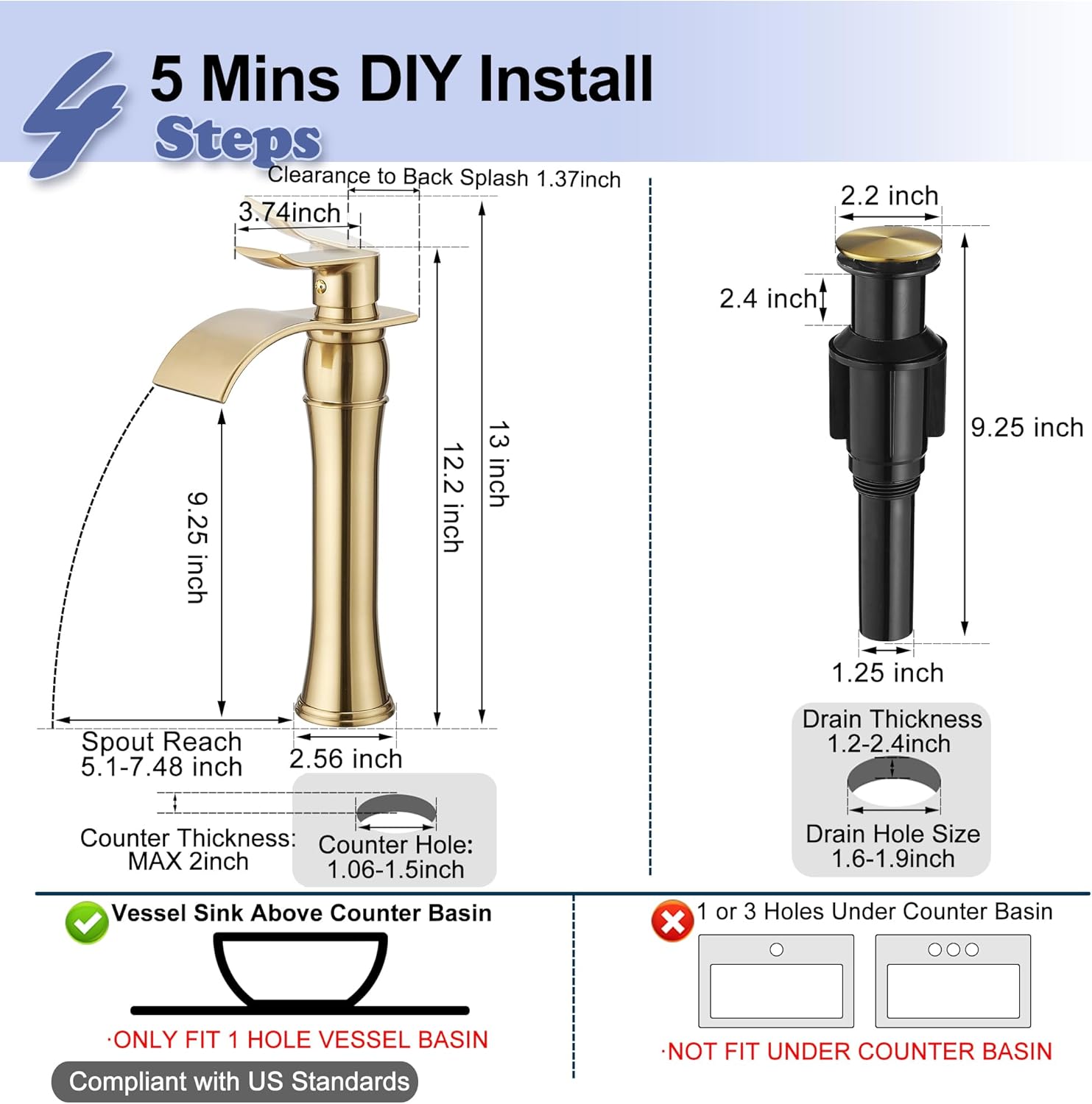 Gold Vessel Sink Faucet, Brass Tall Bathroom Faucets, Single Handle Bathroom Faucet 1 Hole, Waterfall Faucet for Bathroom Sink Mixer Bowl Tap for Hotel Classic with Pop Up Drain Deck Mounted