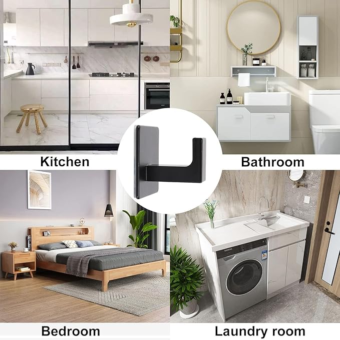 Bathroom Towel Hooks, 2 Pack Self Adhesive Square Coat Hooks, Sturdy No Drilling Robe Hook, Stainless Steel Heavy Duty Clothes Hanger, Wall Hooks for Bathroom Bedroom Kitchen(Black, 2 in)